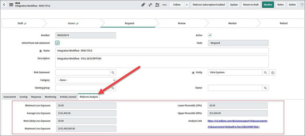 ServiceNow Platform Showing RiskLens Integration